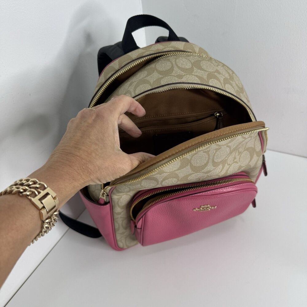 Coach Backpack Court Khaki Pink Saddle Signature Coated Canvas Leather EXC - Picture 5 of 13